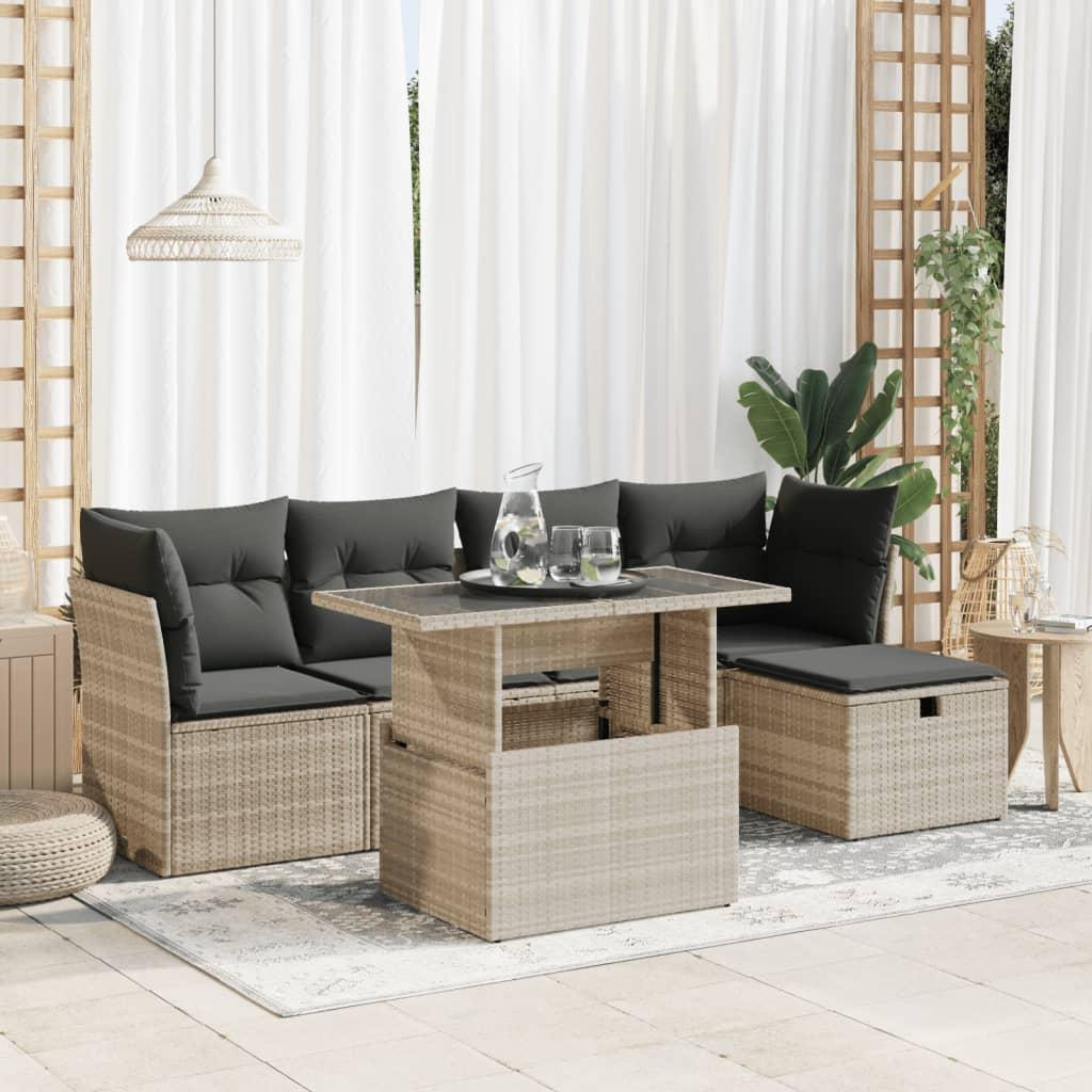Sofasæt Til Haven 6 Dele Med Hynder Polyrattan Sort - Lysegrå / med opbevaring