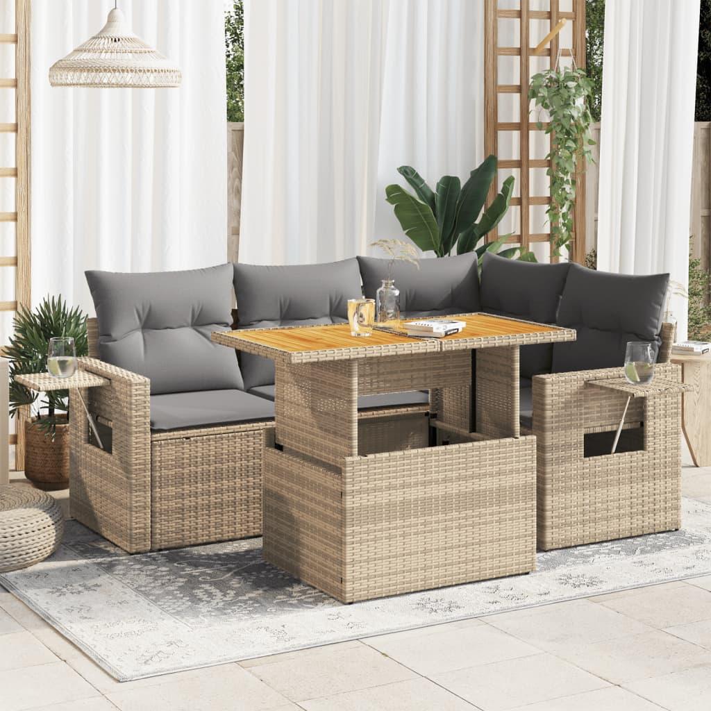 Sofasæt Til Haven 5 Dele Med Hynder Polyrattan Sort - beige og grå / med opbevaring