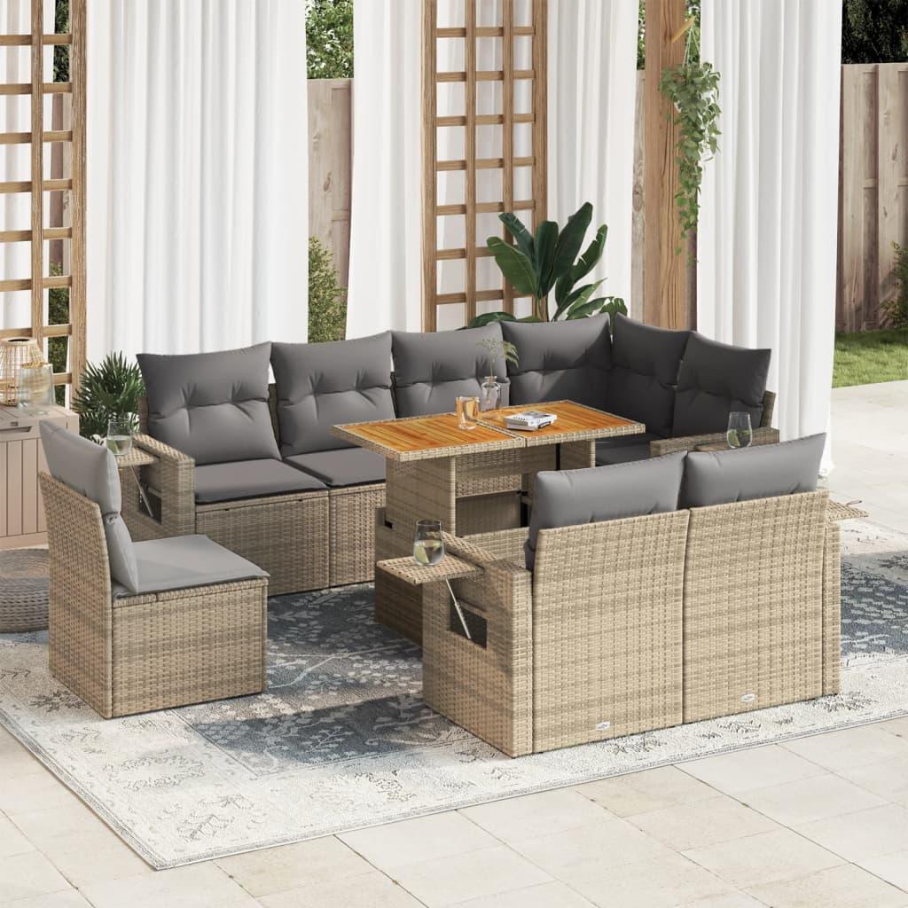 Sofasæt til haven 9 dele med hynder i polyrattan - beige