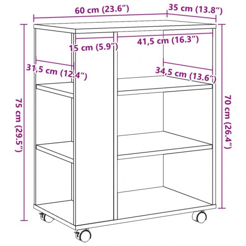 Rulleskab 60 x 35 x 75 cm - antikt træ