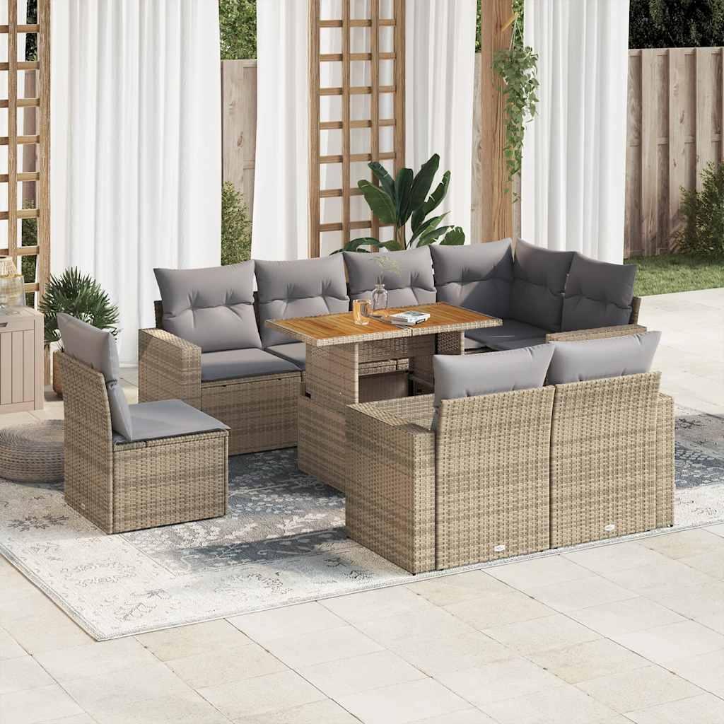 Sofasæt til haven i polyrattan - 9 dele med hynder, beige