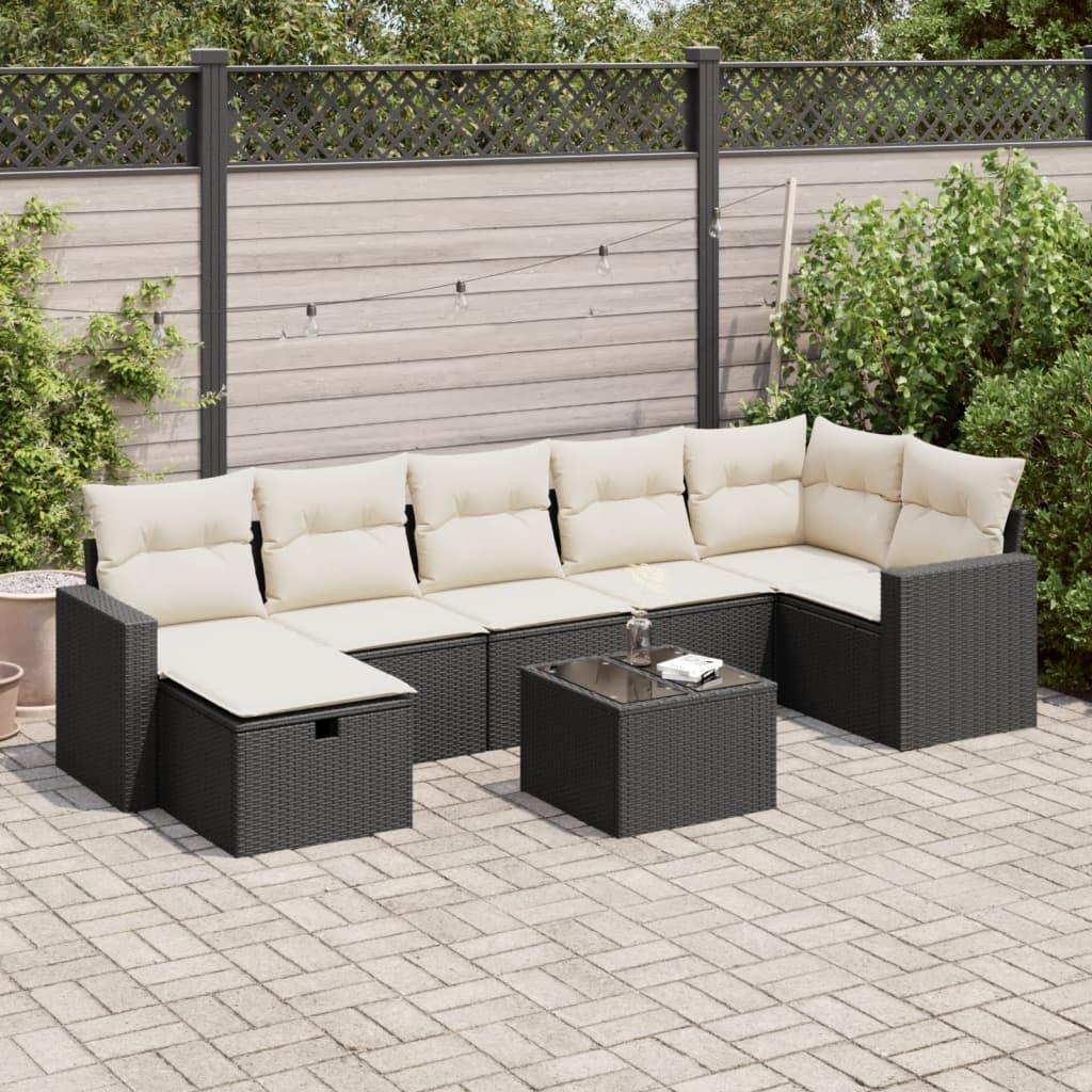 Havesofasæt i polyrattan - 8 dele med hynder, sort