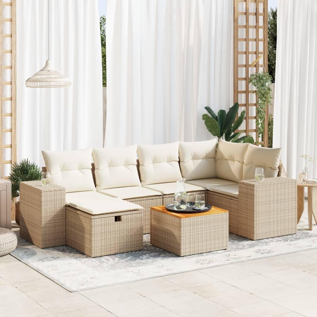 Havesofasæt 7 Dele Med Hynder Polyrattan Beige - beige og cremefarvet / med opbevaring