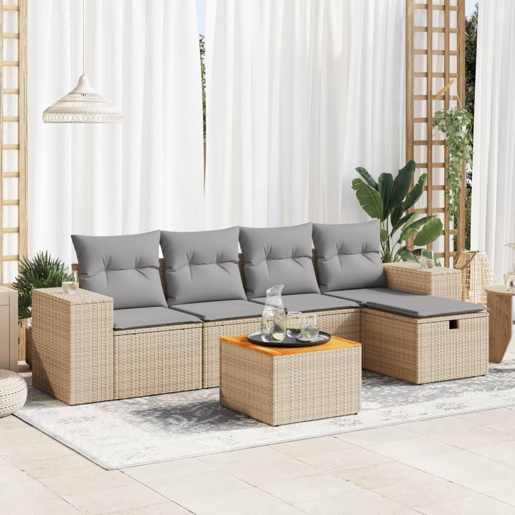 Havesofasæt 6 Dele Med Hynder Polyrattan Beige - beige og grå / med opbevaring