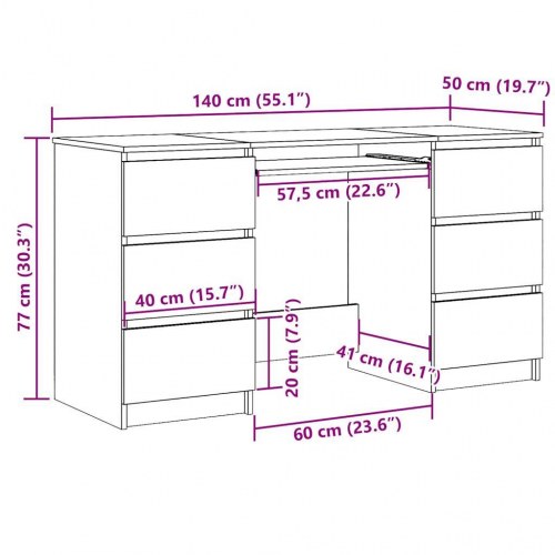 Skrivebord med 6 skuffer 140×50×77 cm - antikt trælook