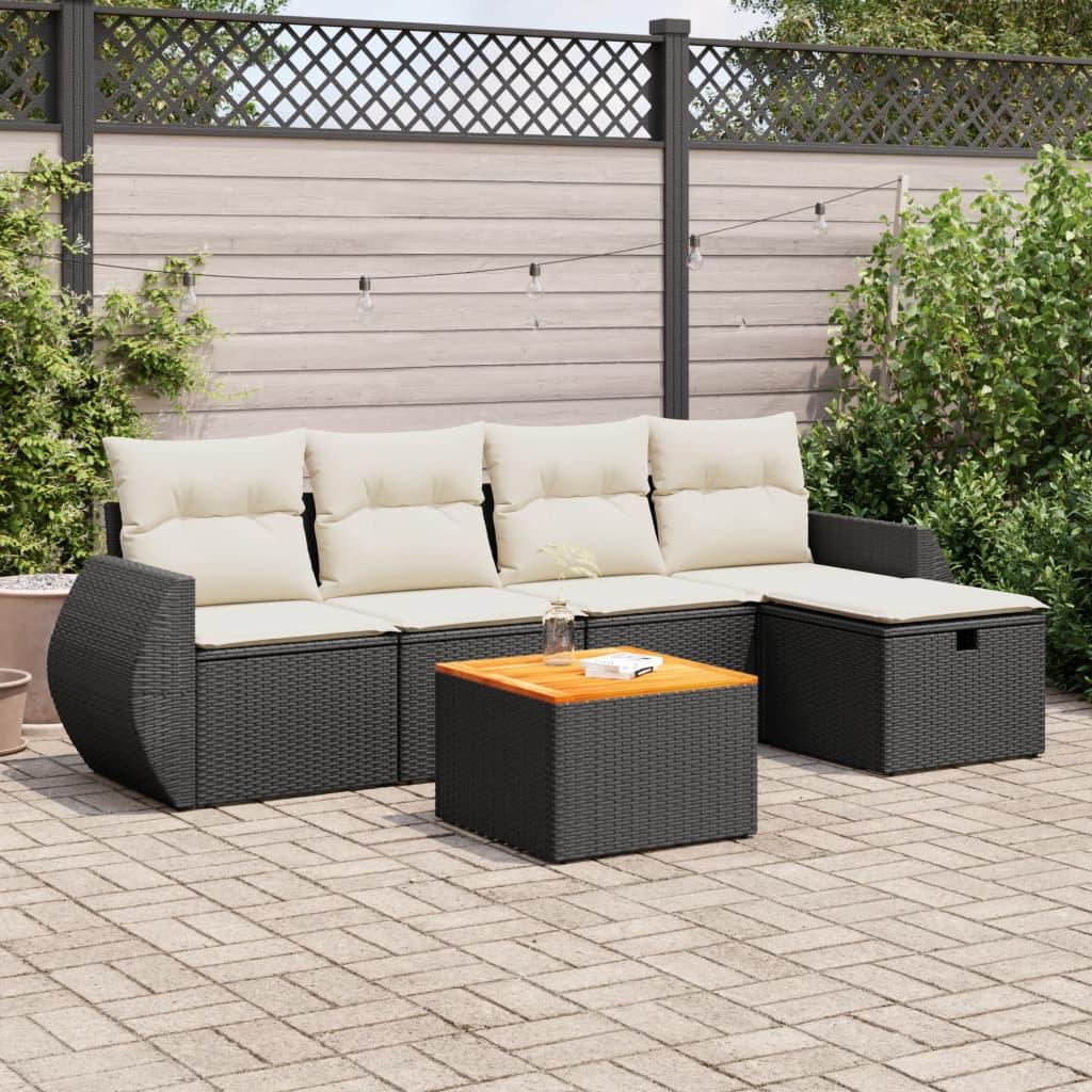 Havesofasæt i polyrattan - 6 dele med hynder, sort