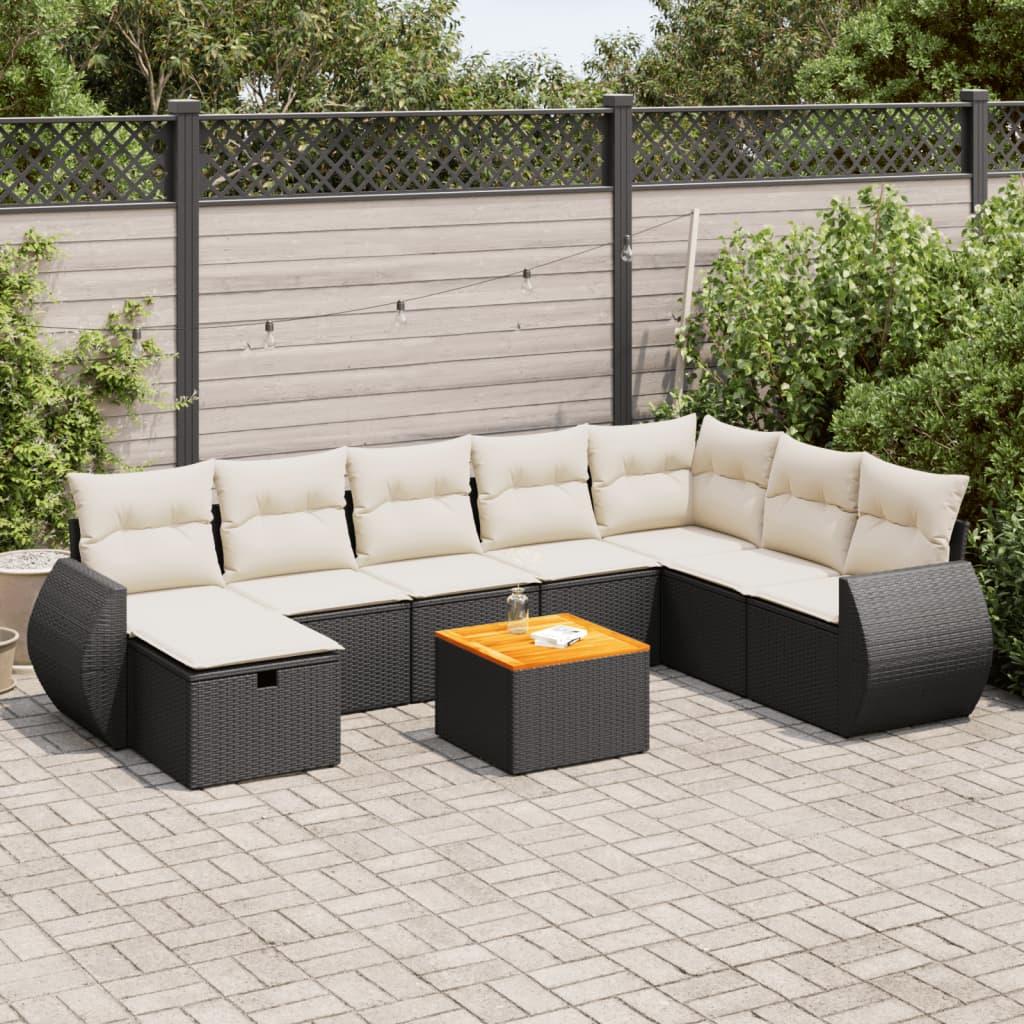 Sofasæt til haven i polyrattan - 9 dele med hynder, sort