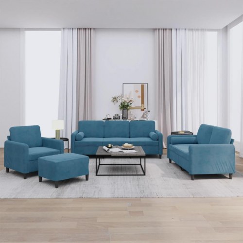 Sofasæt i velour - 4 dele med puder, blå