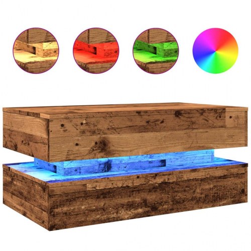 Sofabord med LED-lys 90 x 50 x 40 cm - antikt træ