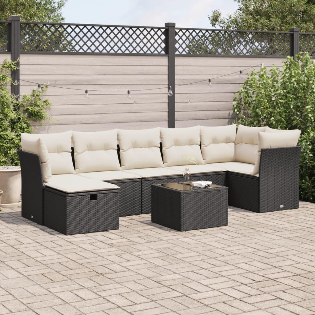 Havesofasæt i polyrattan - 8 dele med hynder, sort