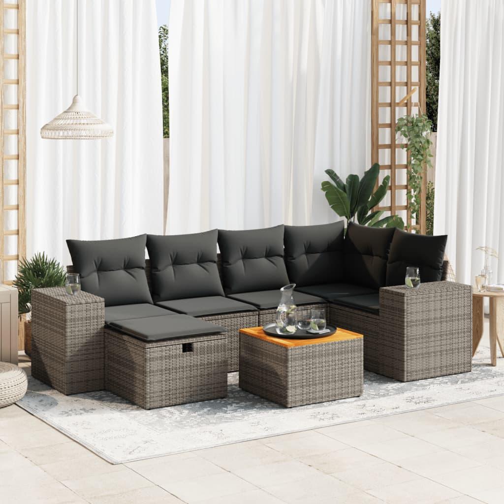 Havesofasæt 7 Dele Med Hynder Polyrattan Beige - Grå / med opbevaring