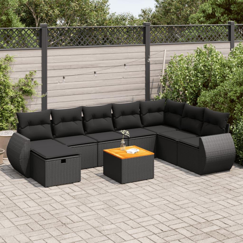 Spisebordssæt Til Haven 9 Dele Med Hynder Polyrattan Beige - Sort / med opbevaring