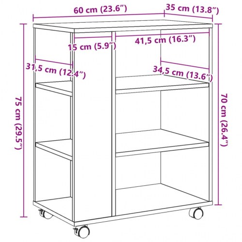 Rullebord 60 x 35 x 75 cm i konstrueret træ - kunsteg