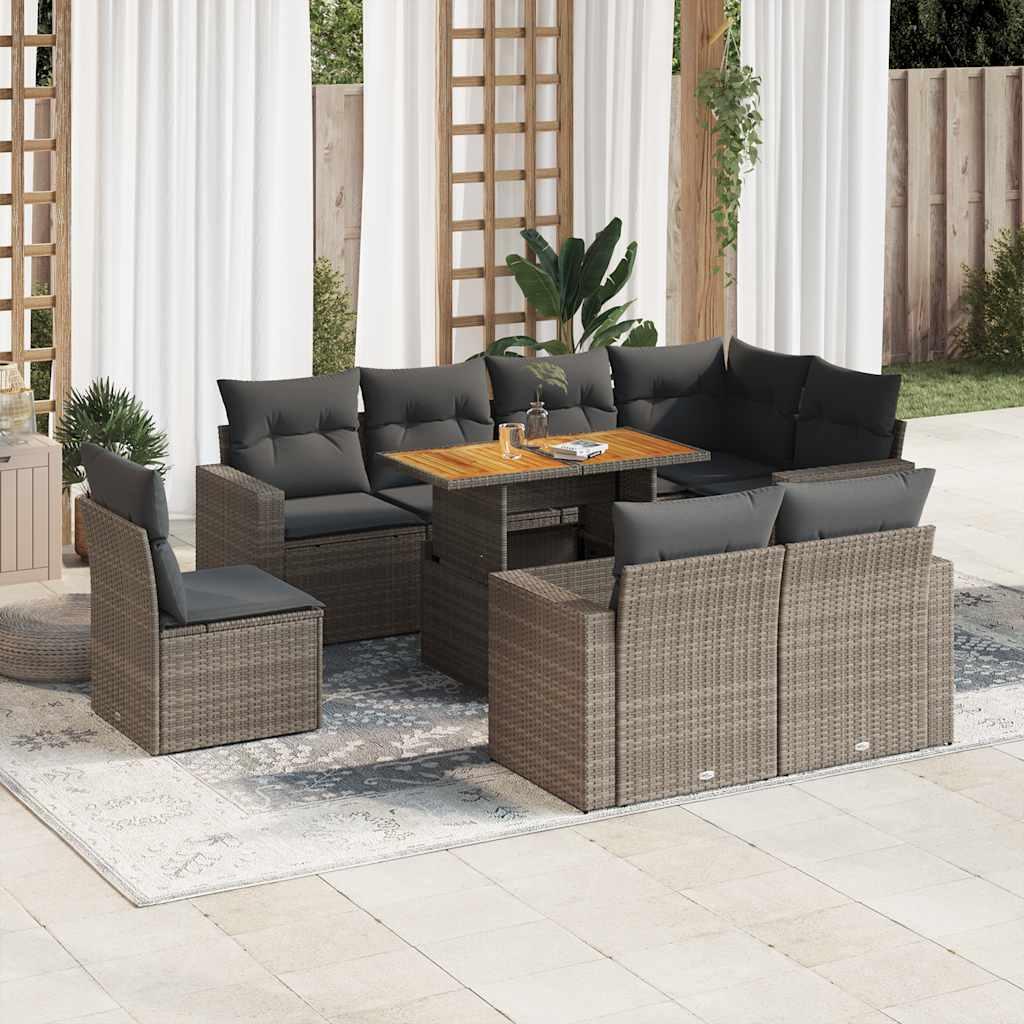 Sofasæt Til Haven 9 Dele Med Hynder Polyrattan - Grå og mørkegrå / 3X midterdel + 5x hjørnedel + bord