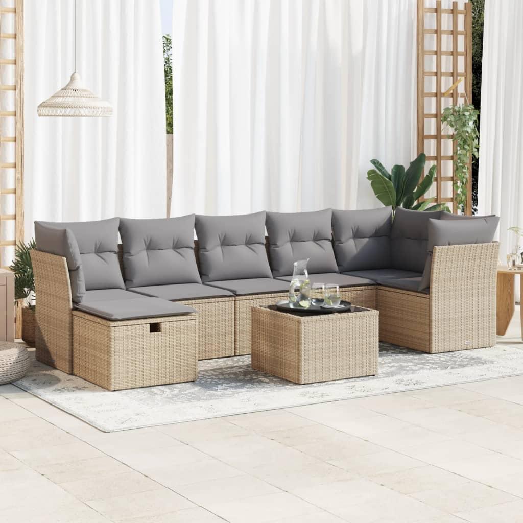 Sofasæt til haven 8 dele med hynder i polyrattan - beige/lysegrå