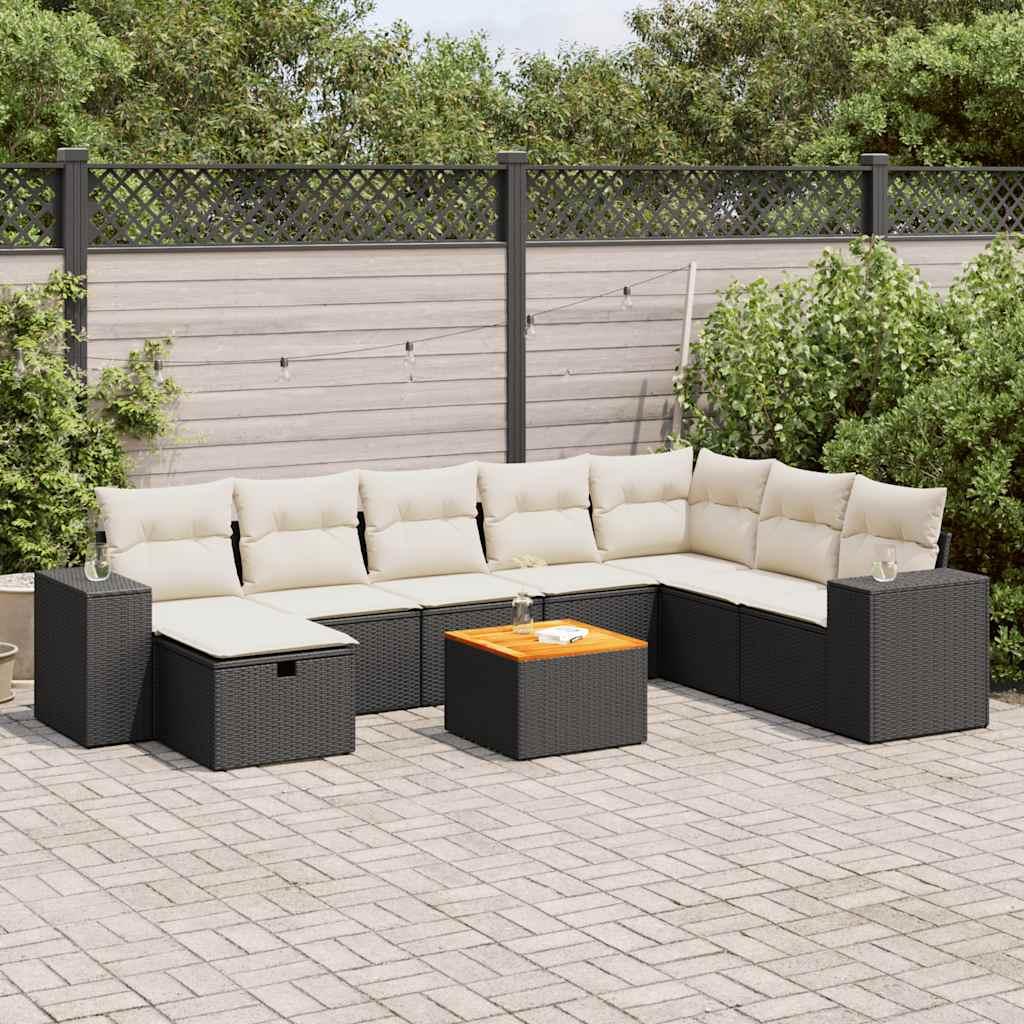 Sofasæt Til Haven 9 Dele Med Hynder Polyrattan - Sort og cremefarvet / med opbevaring