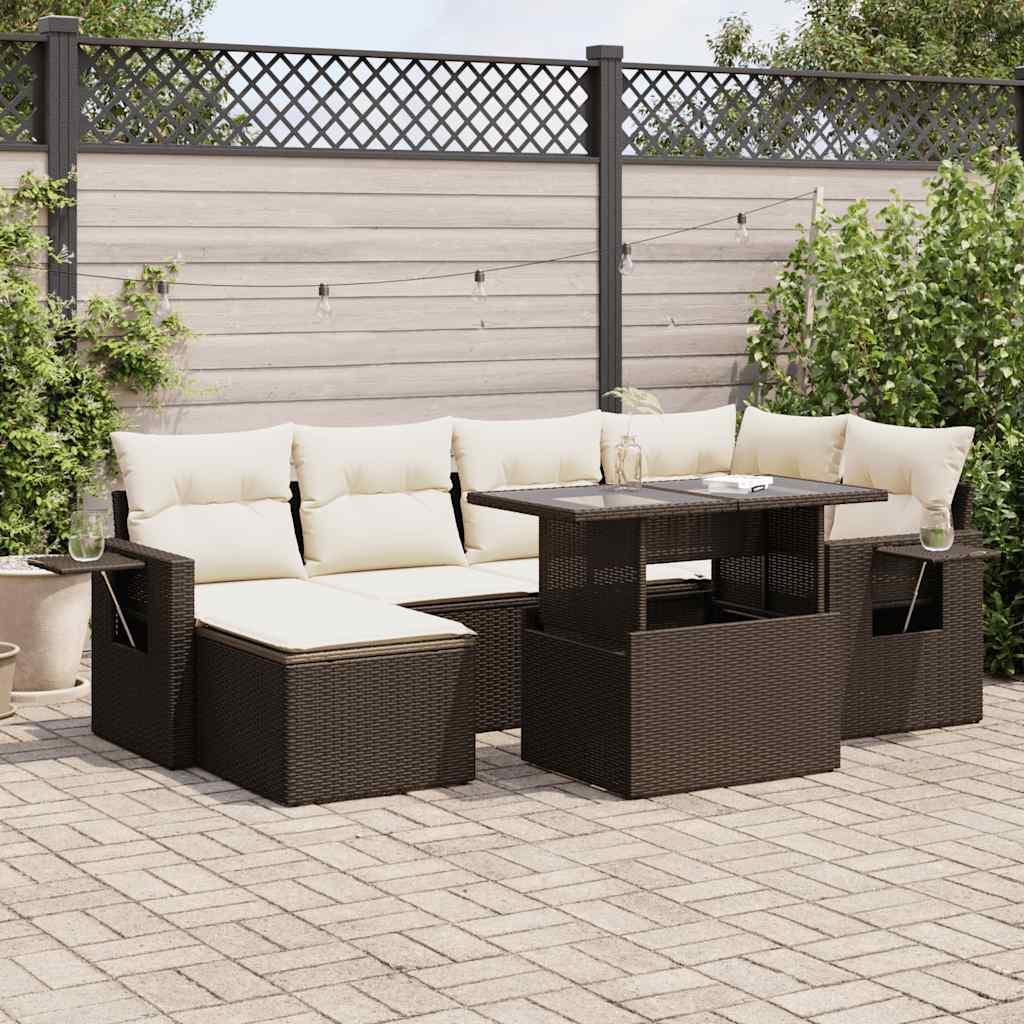 Sofasæt Til Haven 7 Dele Med Hynder Polyrattan - Brun og cremefarvet / med opbevaring
