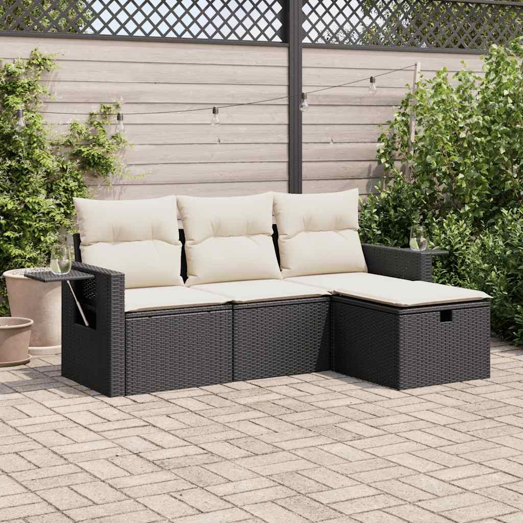 Sofasæt Til Haven 4 Dele Med Hynder Polyrattan Beige - Sort og cremefarvet / med opbevaring