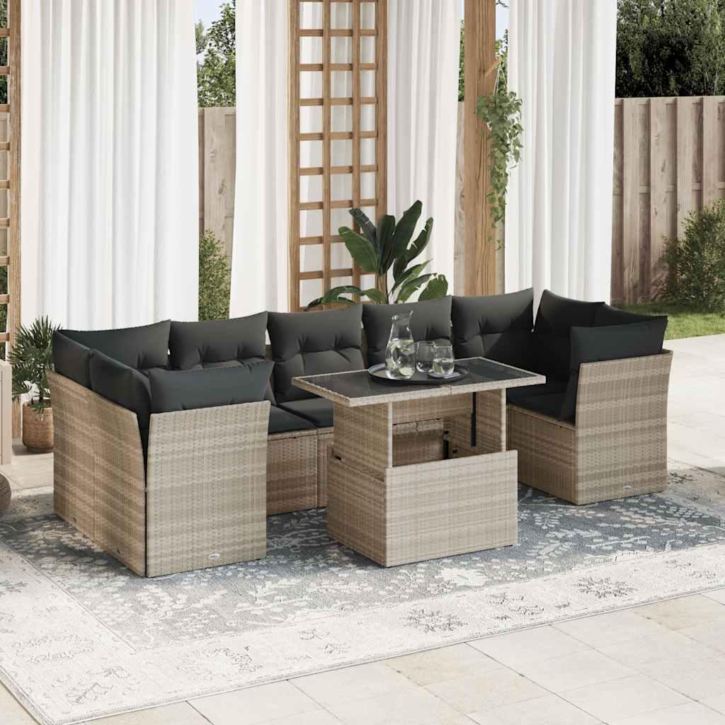 Sofasæt Til Haven 8 Dele Med Hynder Polyrattan Sort - Lysegrå / med opbevaring