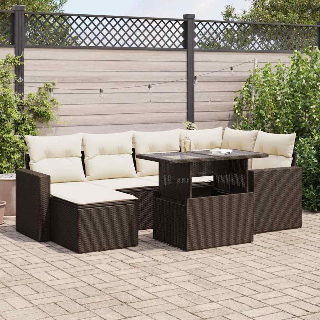Sofasæt Til Haven 7 Dele Med Hynder Polyrattan - Brun og cremefarvet / med opbevaring