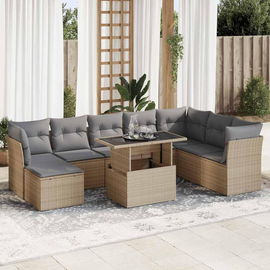 Sofasæt til haven i polyrattan - 9 dele med hynder, beige/lysegrå