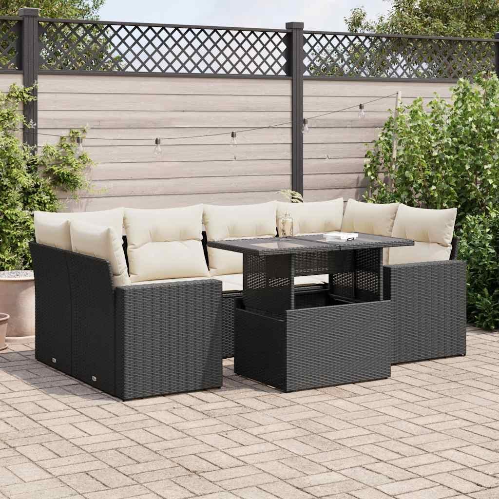 Sofasæt Til Haven 7 Dele Med Hynder Polyrattan - Sort og cremefarvet / med opbevaring