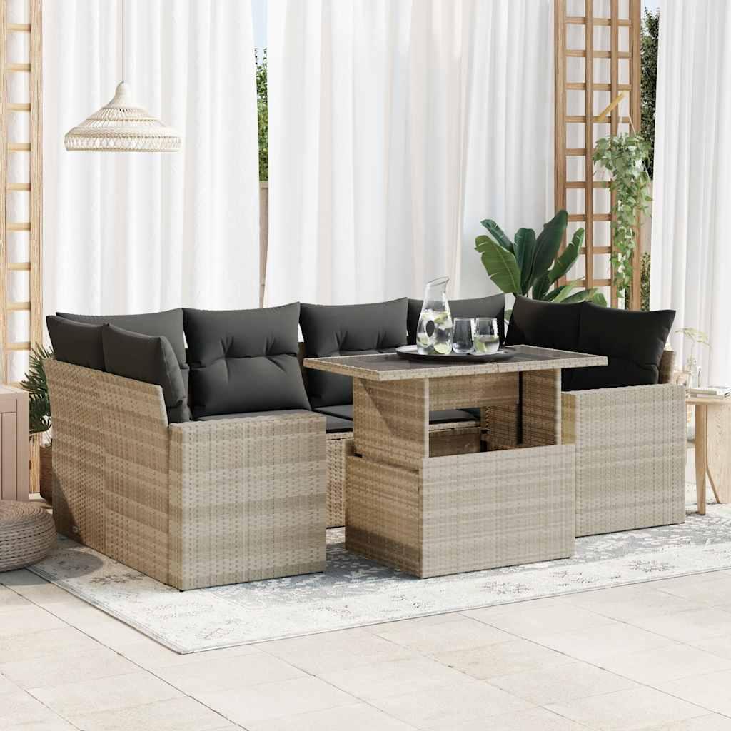 Sofasæt Til Haven 7 Dele Med Hynder Polyrattan - Lysegrå / med opbevaring