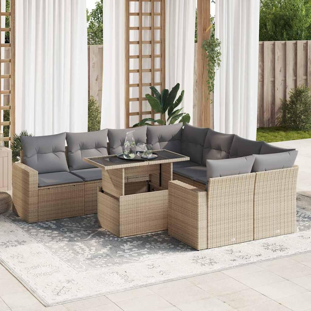 Sofasæt Til Haven 9 Dele Med Hynder Polyrattan - beige og grå / med opbevaring