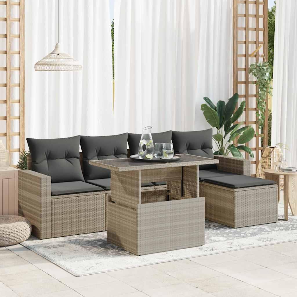 Sofasæt til haven i polyrattan - 6 dele med hynder, lysegrå
