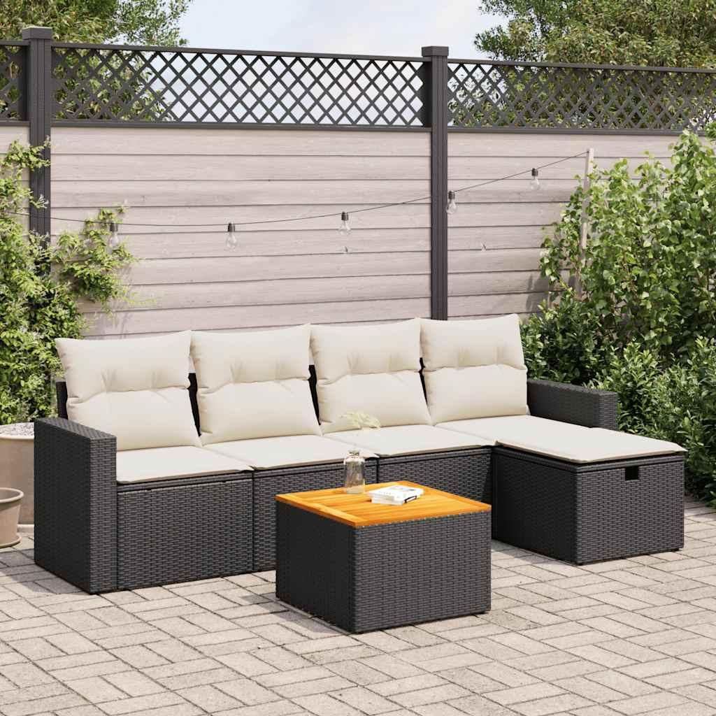 Sofasæt Til Haven 6 Dele Med Hynder Polyrattan - Sort og cremefarvet / med opbevaring