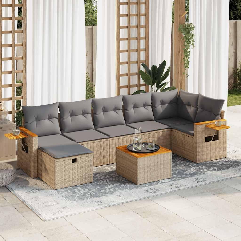 Havesofasæt i polyrattan 8 dele med hynder og opbevaring - beige