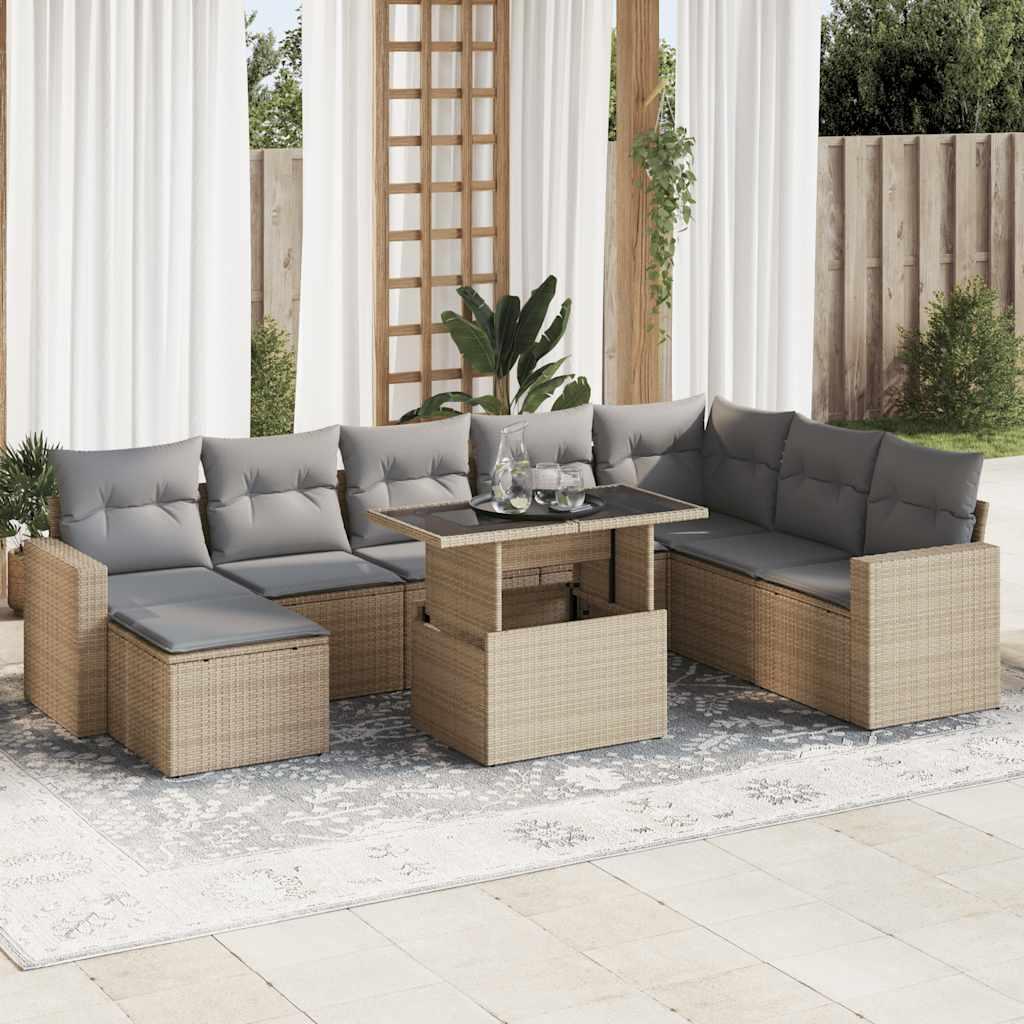 Havesofasæt i polyrattan, 9 dele med hynder - beige