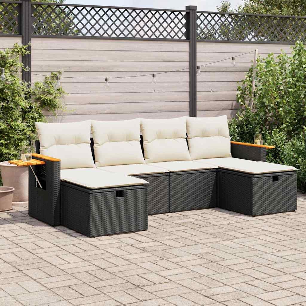 Havesofasæt i polyrattan - 6 dele med hynder, sort