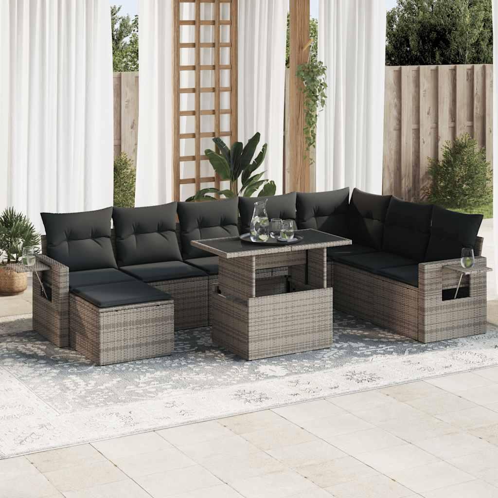 Havesofasæt i polyrattan - 9 dele med hynder, grå