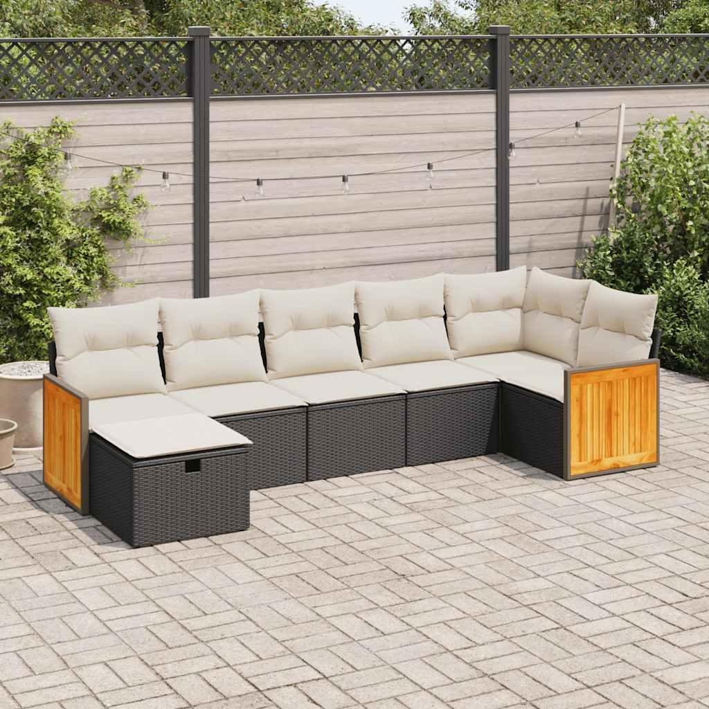 Sofasæt til haven i polyrattan - 7 dele med hynder, sort