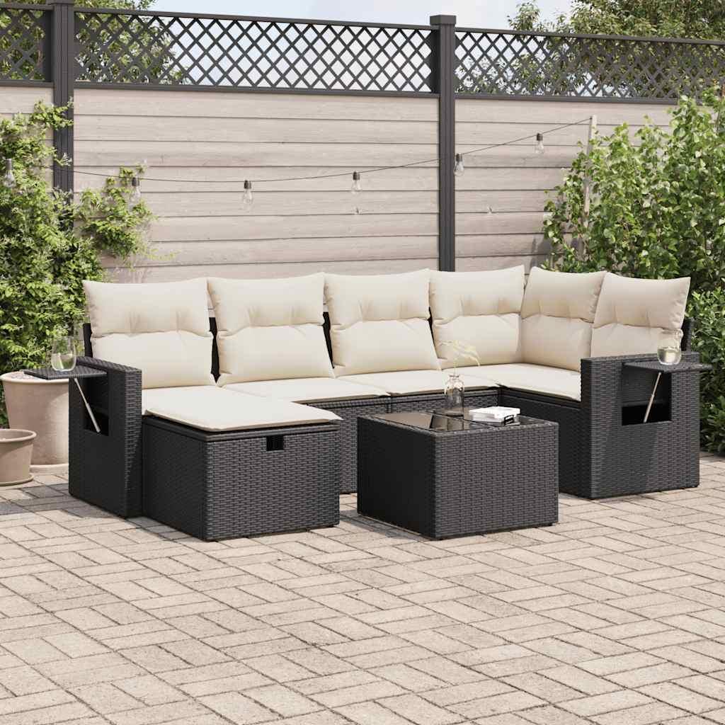 Havesofasæt i polyrattan - 7 dele med hynder, sort