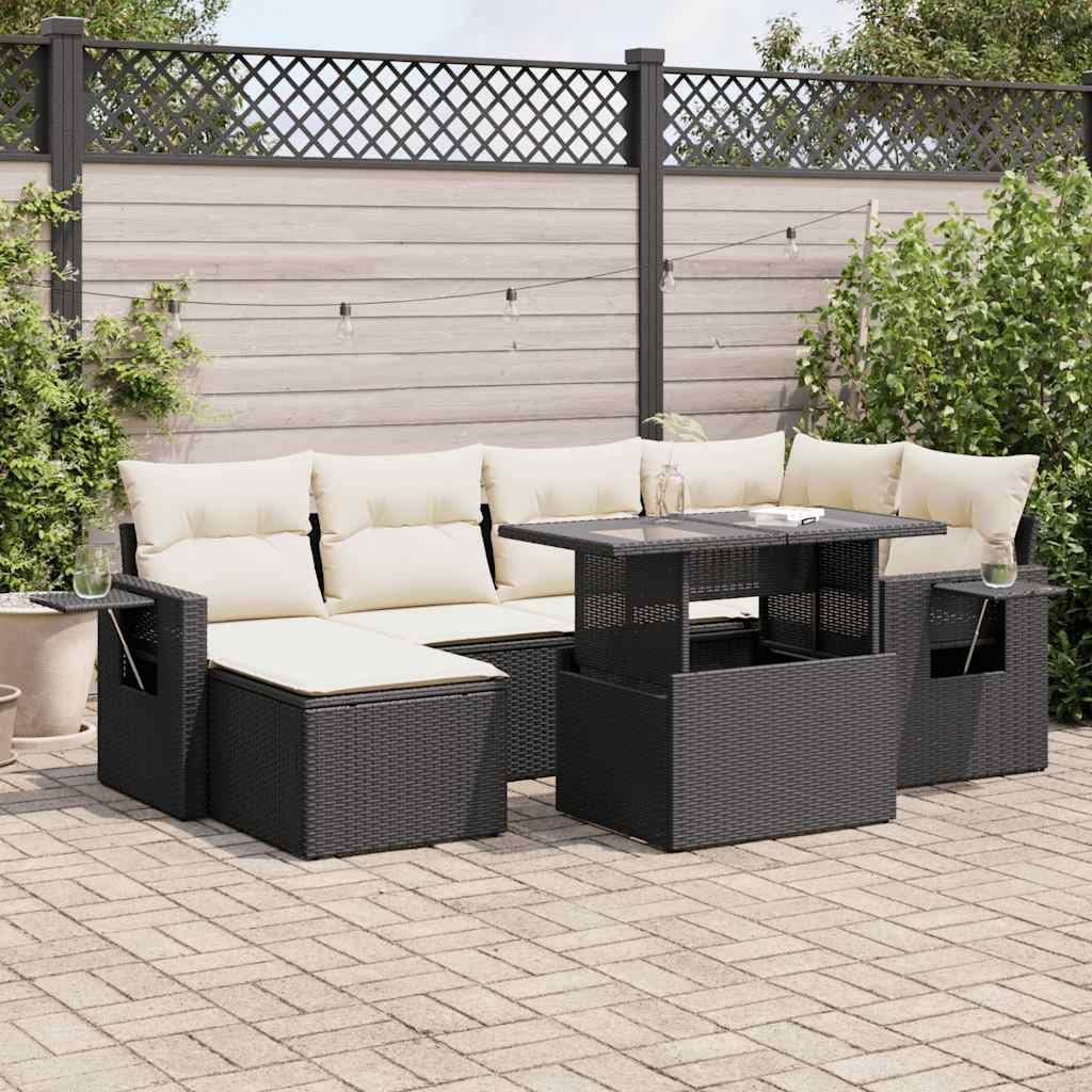 Sofasæt Til Haven 7 Dele Med Hynder Polyrattan - Sort og cremefarvet / Med opbevaring