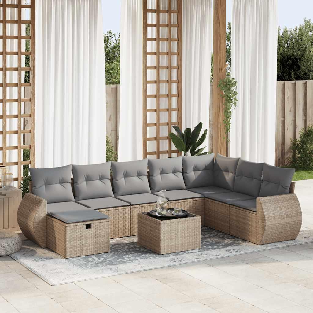 Havesofasæt i polyrattan 9 dele med hynder og opbevaring - beige