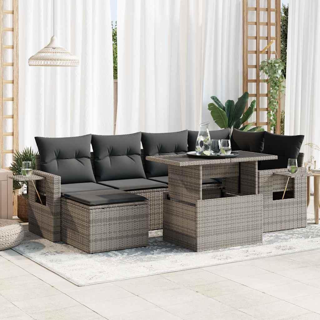 Havesofa-sæt i polyrattan, 7 dele med hynder - grå