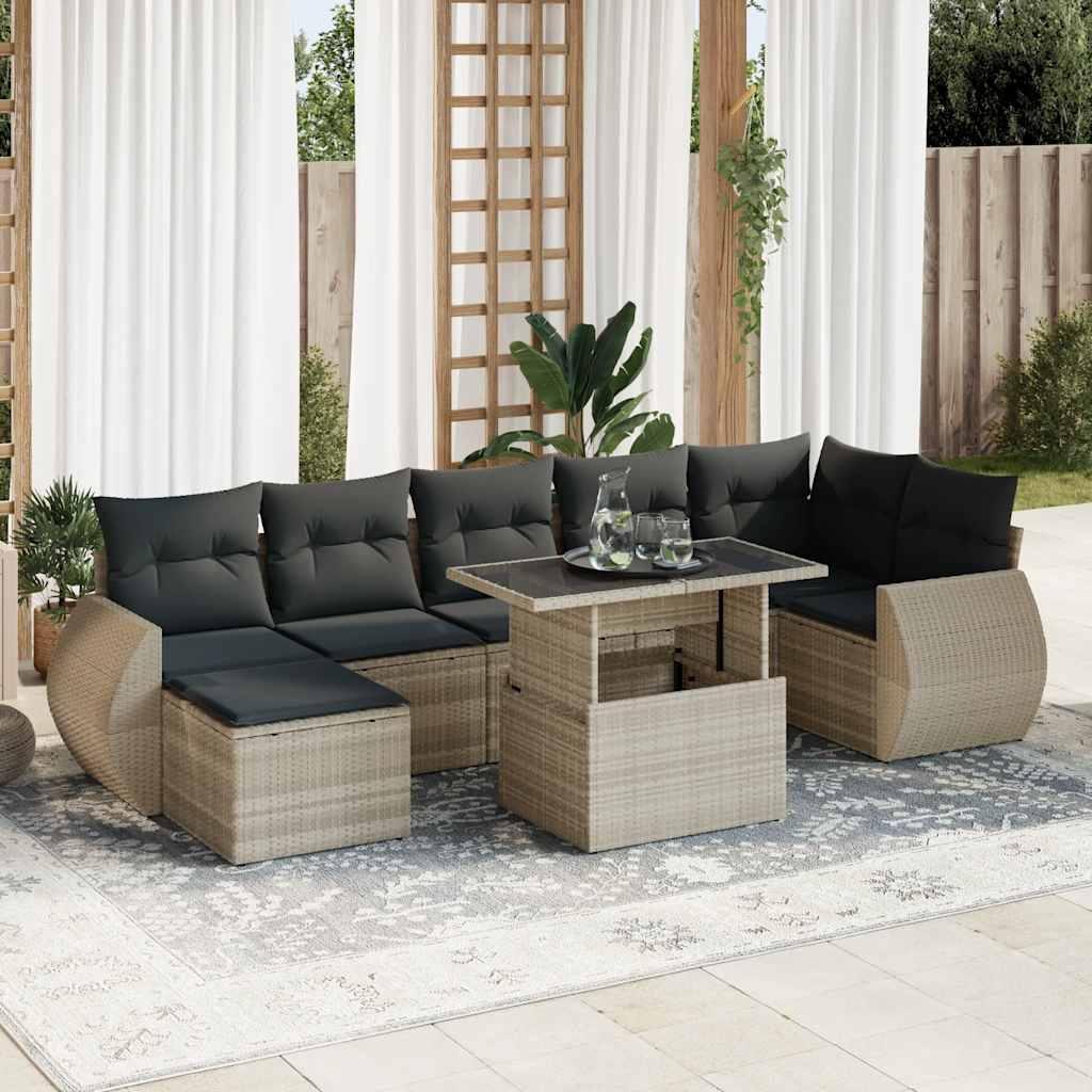 Sofasæt Til Haven 8 Dele Med Hynder Polyrattan Sort - Lysegrå / med opbevaring