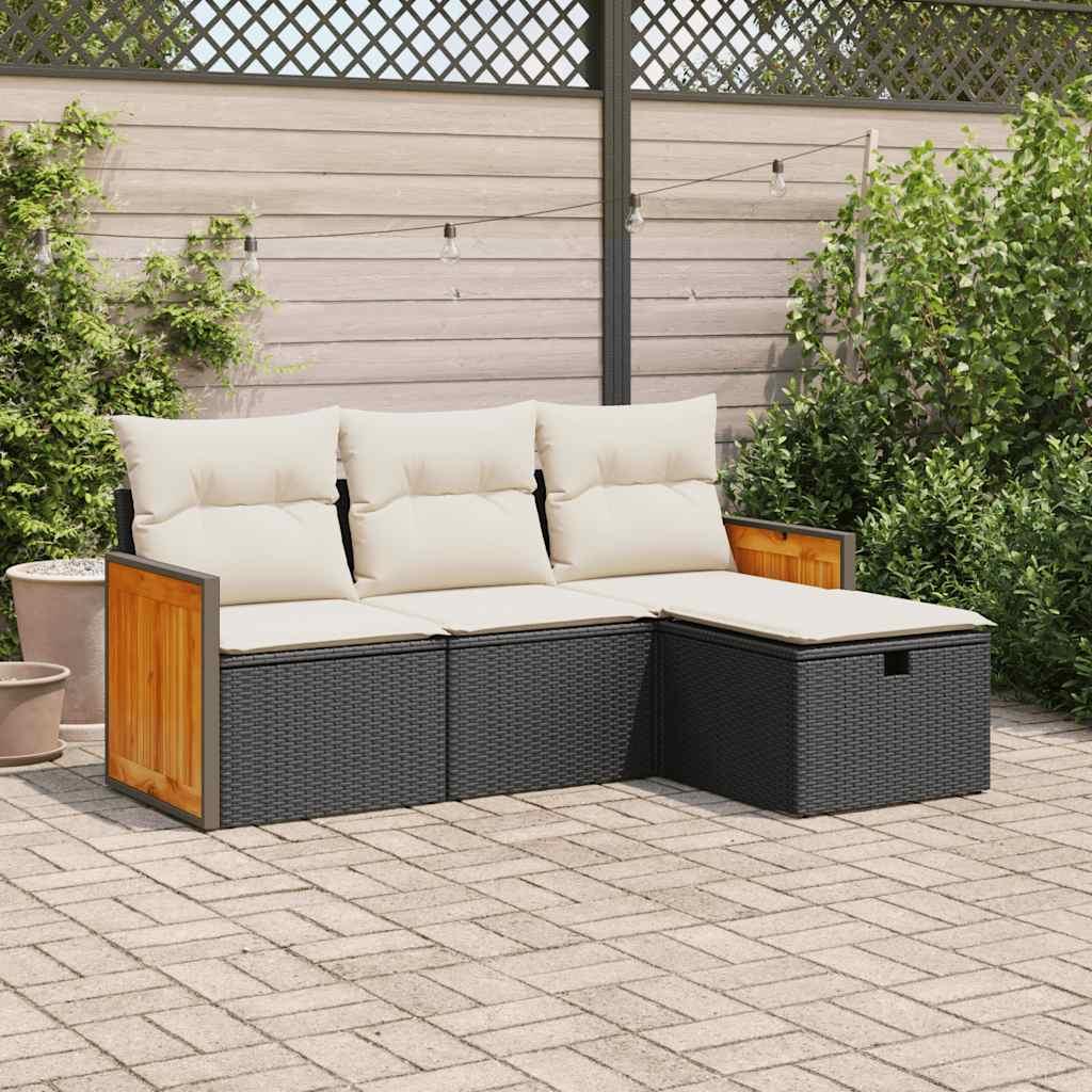 Sofasæt Til Haven 4 Dele Med Hynder Polyrattan - Sort og cremefarvet / med opbevaring