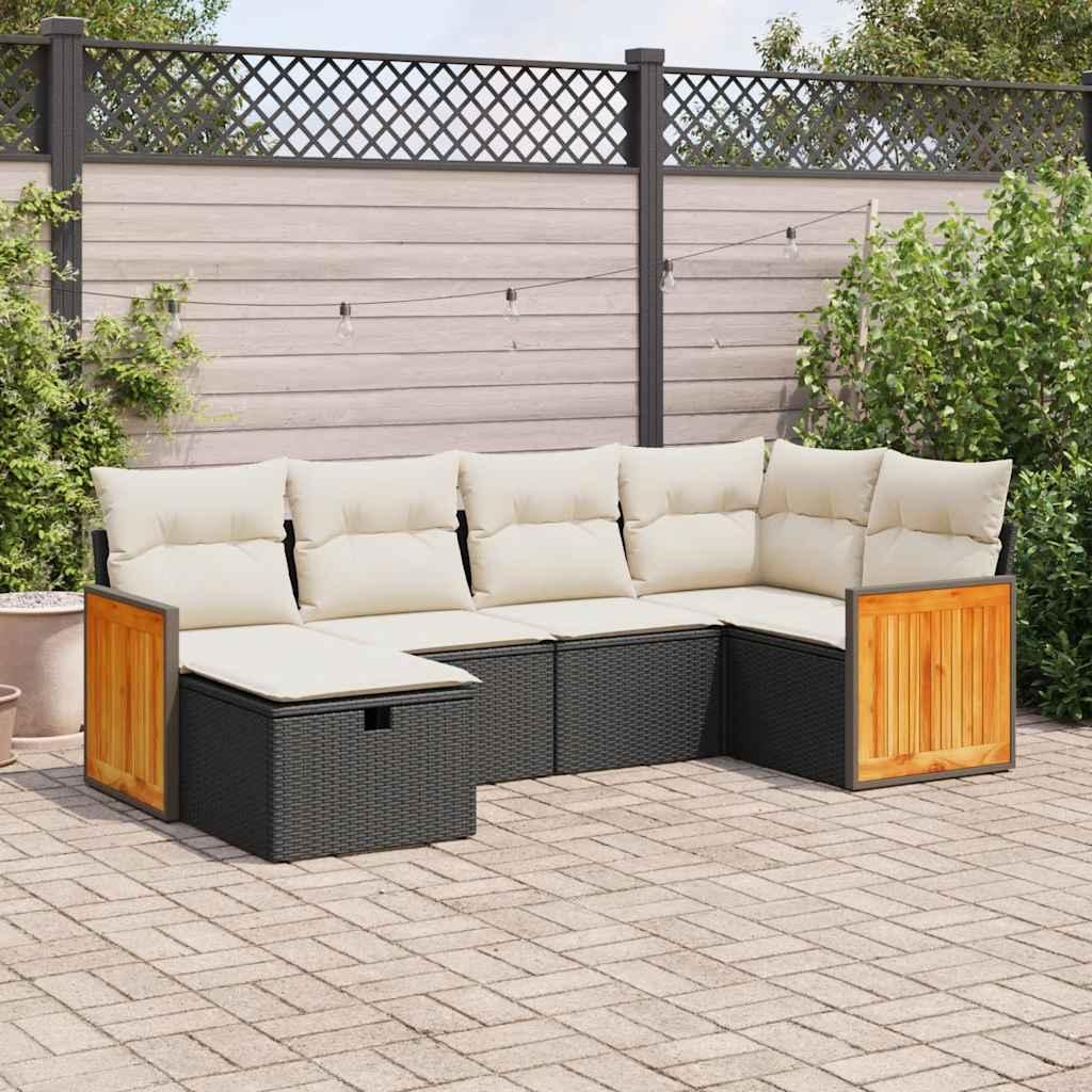 Havesofasæt i polyrattan - 6 dele med hynder, sort