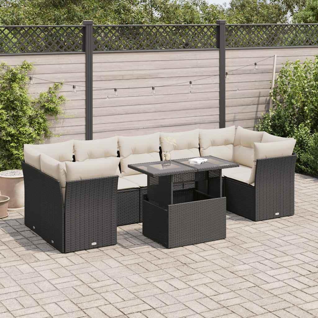 Sofasæt Til Haven 8 Dele Med Hynder Polyrattan Sort - Sort og cremefarvet / med opbevaring