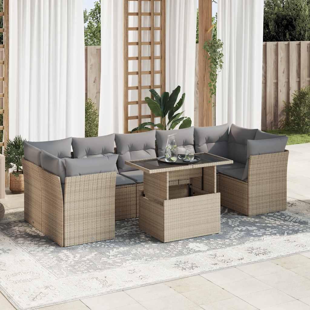 Sofasæt Til Haven 8 Dele Med Hynder Polyrattan Sort - beige og grå / med opbevaring