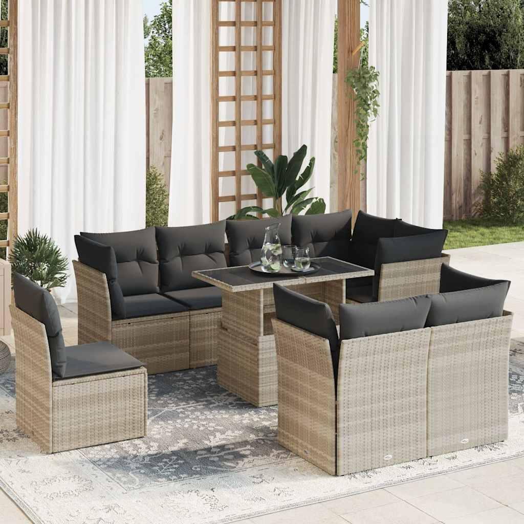 Sofasæt Til Haven 9 Dele Med Hynder Polyrattan - Lysegrå / med opbevaring