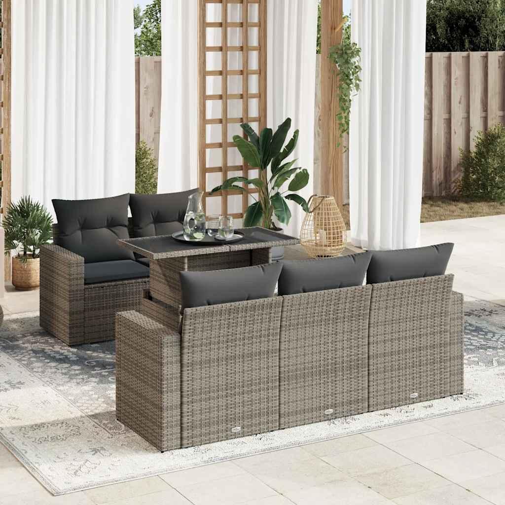 Sofasæt til haven i polyrattan - 6 dele med hynder, grå