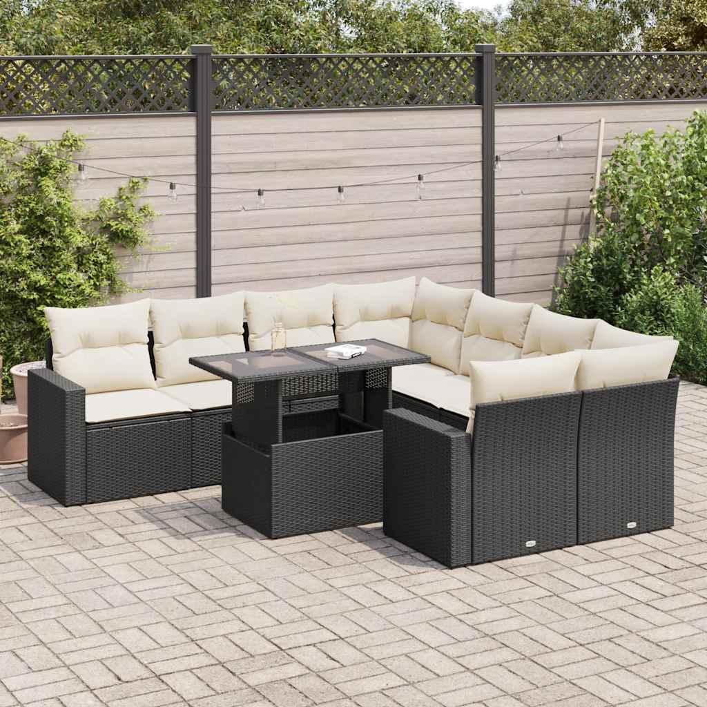 Sofasæt Til Haven 9 Dele Med Hynder Polyrattan - Sort og cremefarvet / med opbevaring