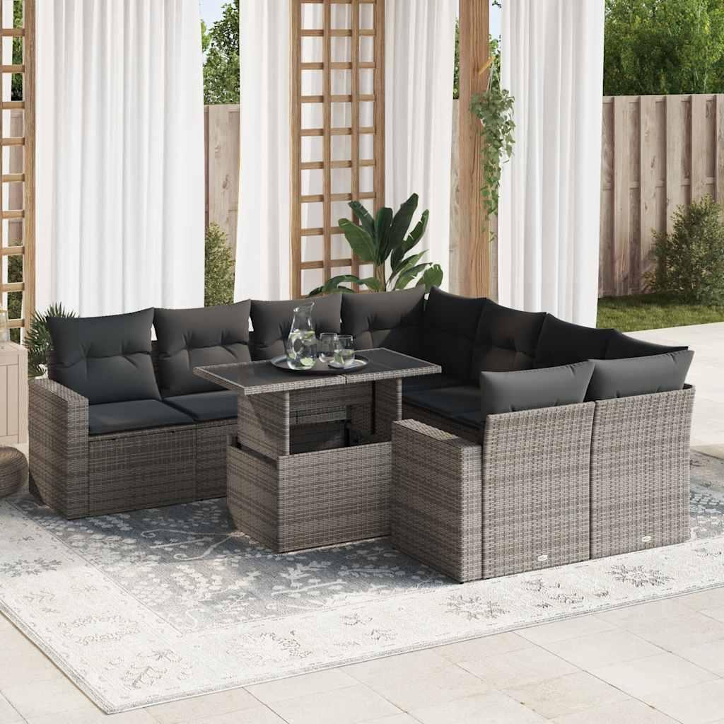 Havesofasæt i polyrattan - 9 dele med hynder, grå