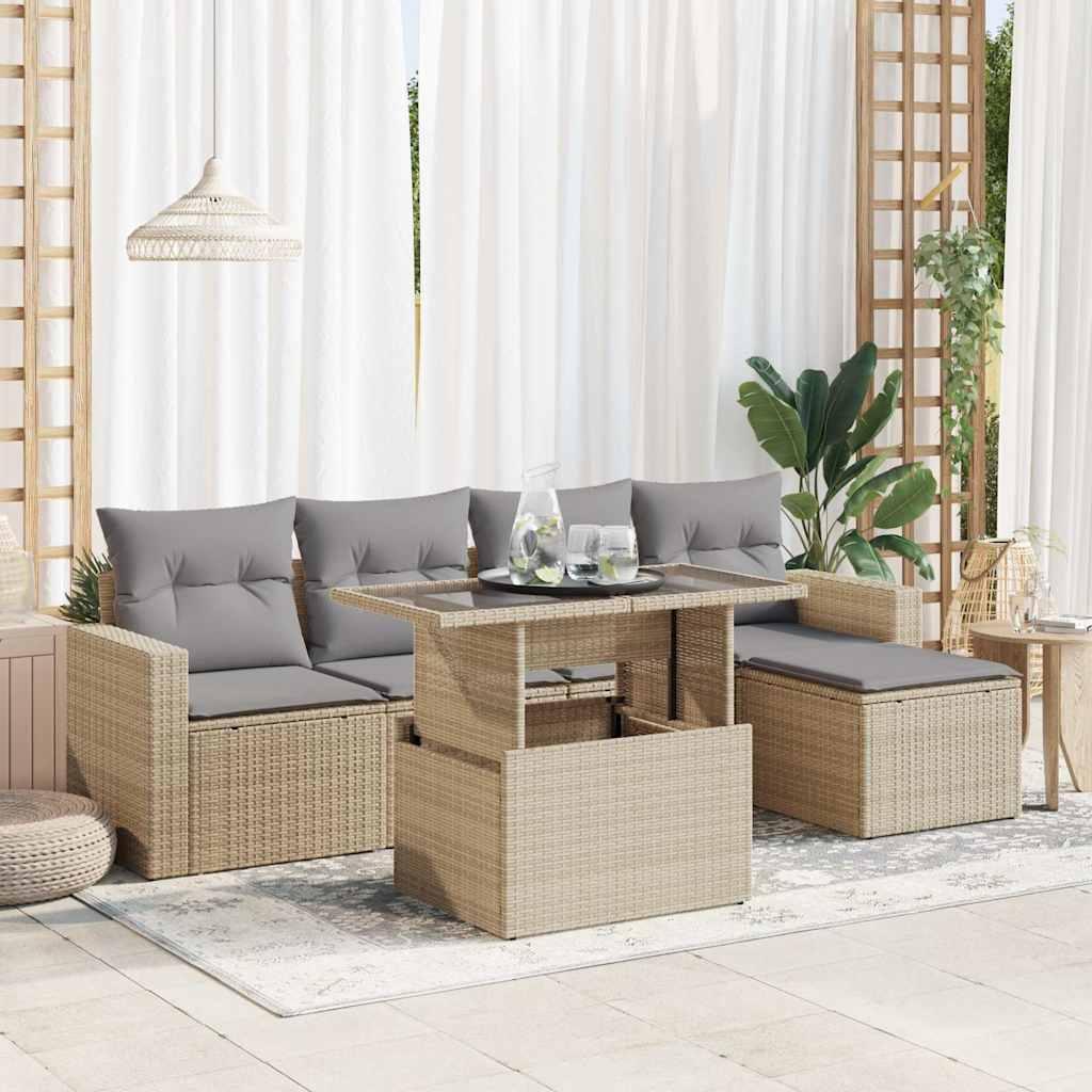 Sofasæt Til Haven 6 Dele Med Hynder Polyrattan - Beige og grå / Med opbevaring