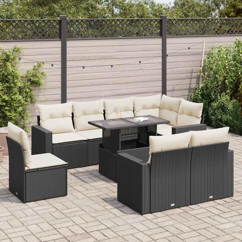 Sofasæt Til Haven 9 Dele Med Hynder Polyrattan Sort - Sort og cremefarvet / med opbevaring